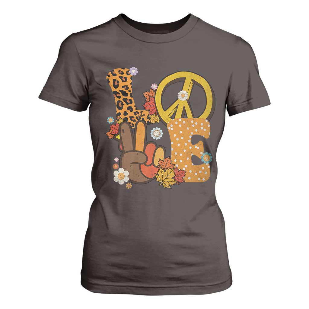 Thanksgiving T Shirt For Women Peace Sign Love Turkey Hand TS10 Dark Chocolate Print Your Wear