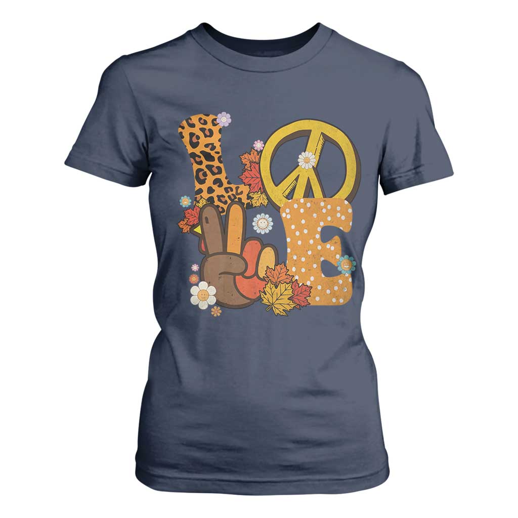 Thanksgiving T Shirt For Women Peace Sign Love Turkey Hand TS10 Navy Print Your Wear