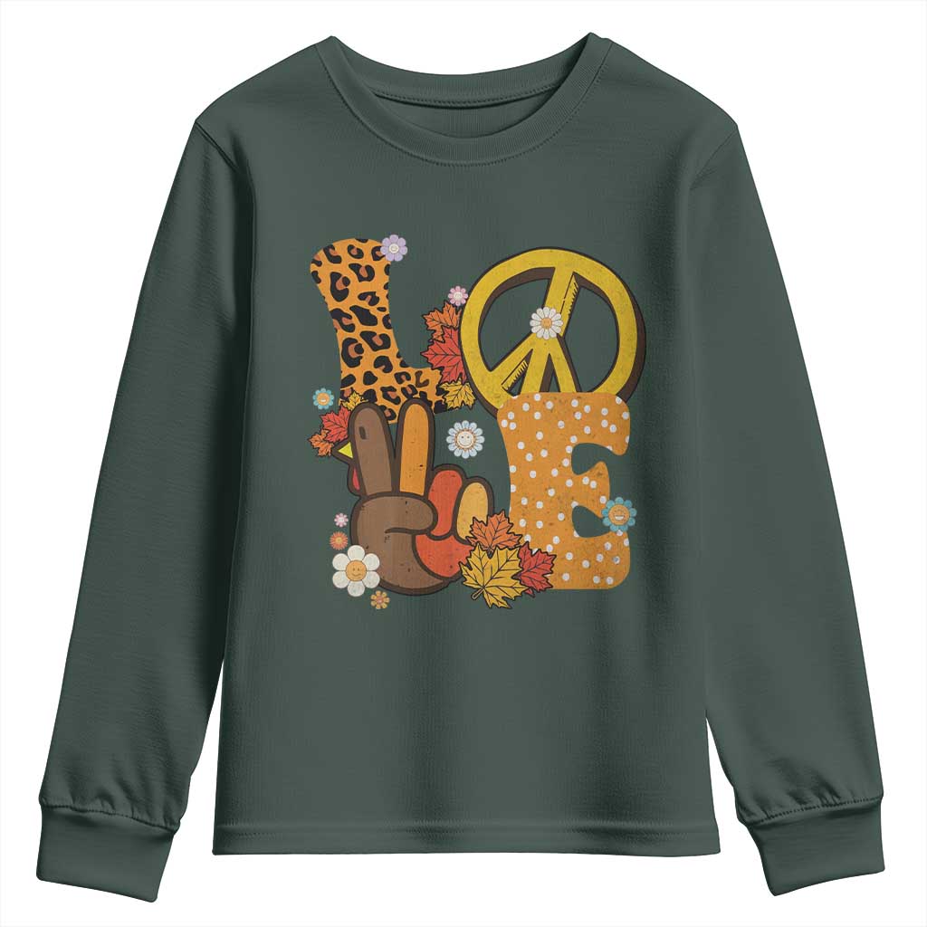 Thanksgiving Youth Sweatshirt Peace Sign Love Turkey Hand TS10 Dark Forest Green Print Your Wear