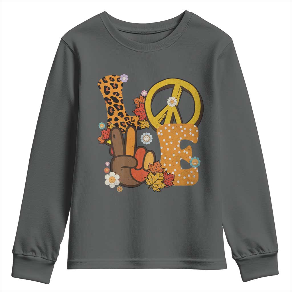 Thanksgiving Youth Sweatshirt Peace Sign Love Turkey Hand TS10 Dark Heather Print Your Wear