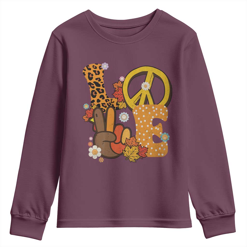 Thanksgiving Youth Sweatshirt Peace Sign Love Turkey Hand TS10 Maroon Print Your Wear