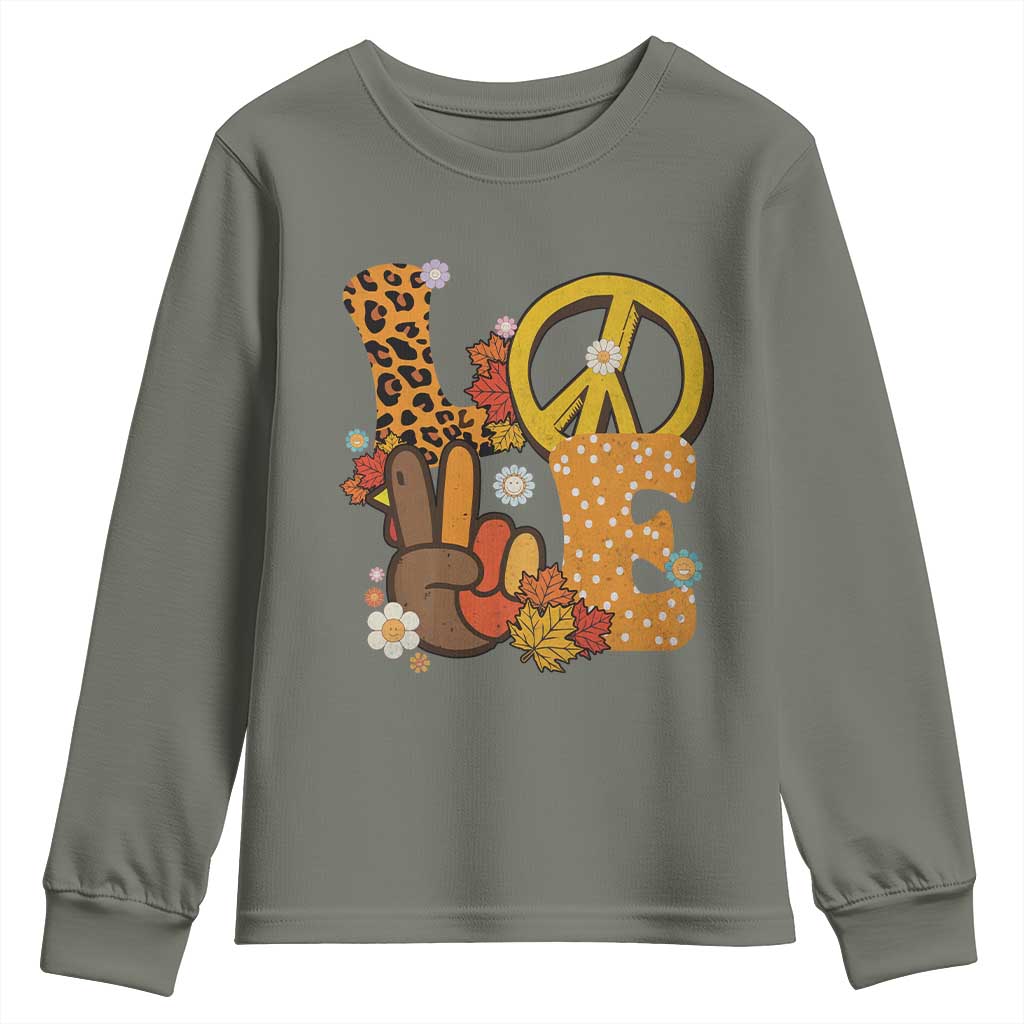 Thanksgiving Youth Sweatshirt Peace Sign Love Turkey Hand TS10 Military Green Print Your Wear