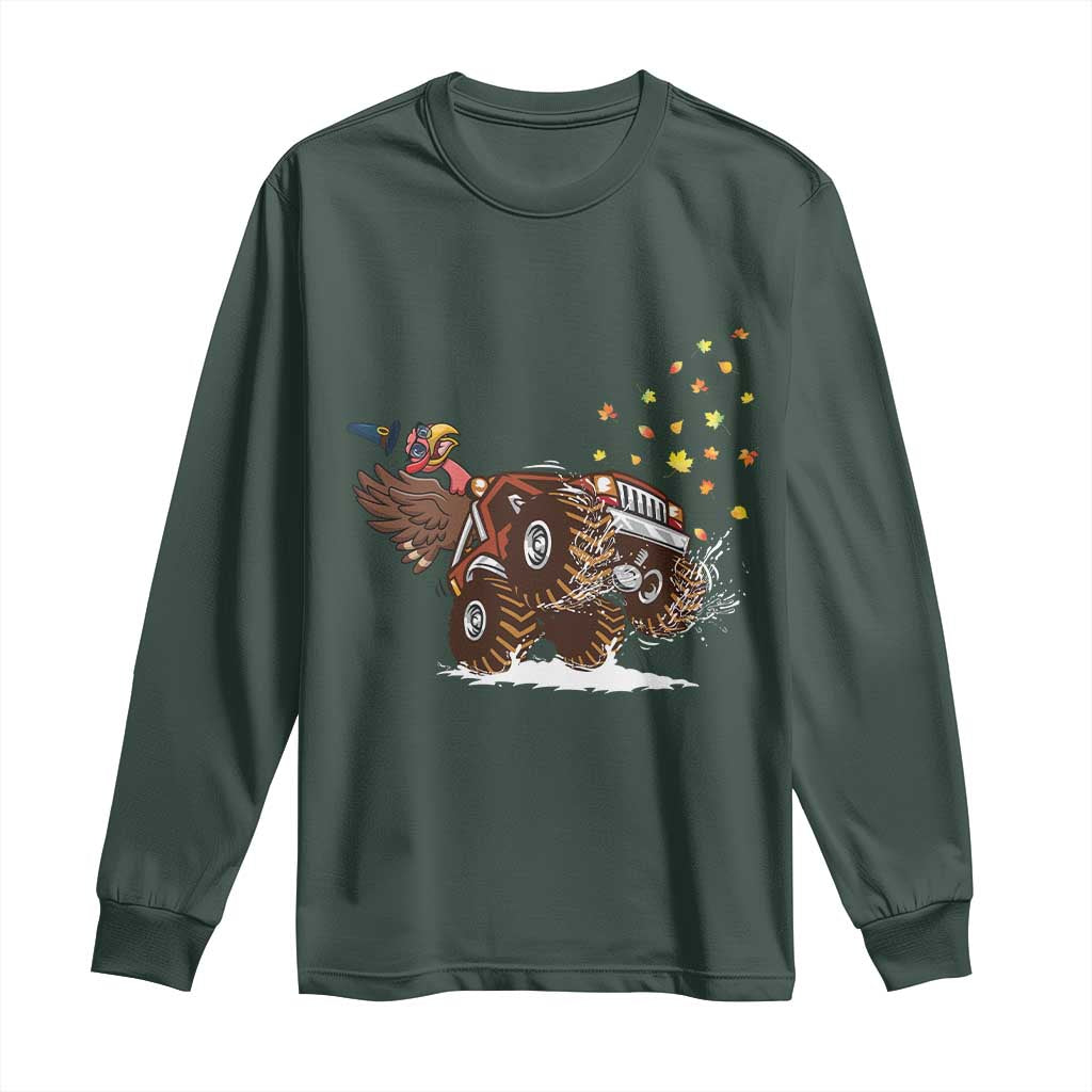 Thanksgiving Turkey Long Sleeve Shirt Riding Monster Truck Boys Kids TS10 Dark Forest Green Print Your Wear