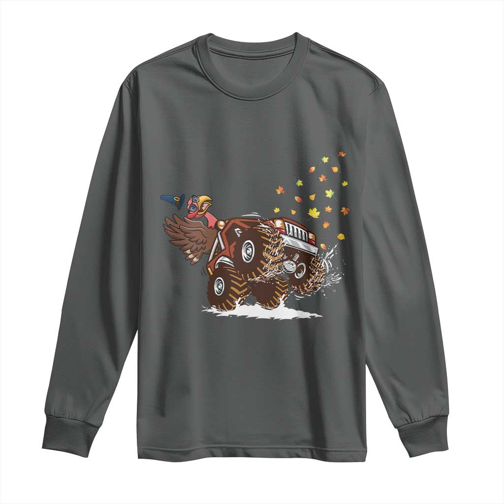 Thanksgiving Turkey Long Sleeve Shirt Riding Monster Truck Boys Kids TS10 Dark Heather Print Your Wear