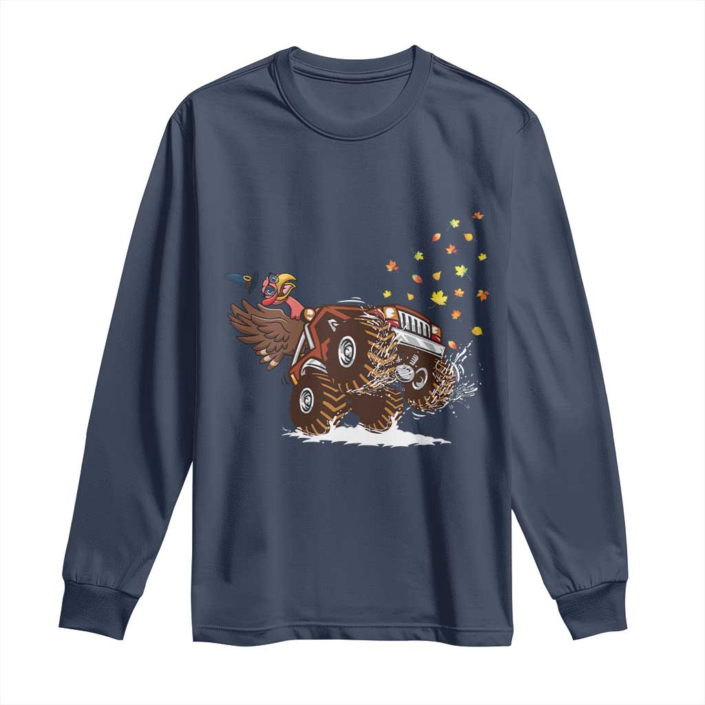 Thanksgiving Turkey Long Sleeve Shirt Riding Monster Truck Boys Kids TS10 Navy Print Your Wear