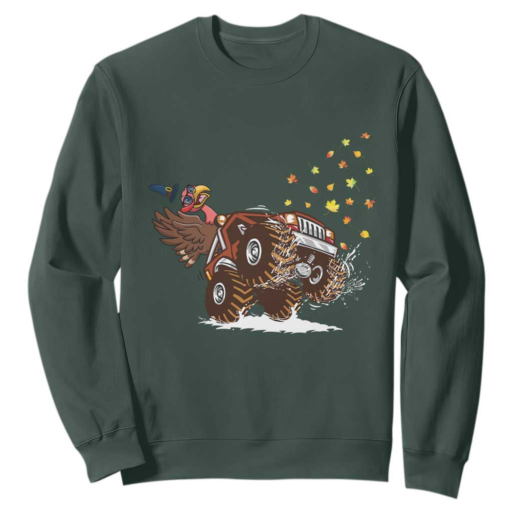 Thanksgiving Turkey Sweatshirt Riding Monster Truck Boys Kids TS10 Dark Forest Green Print Your Wear