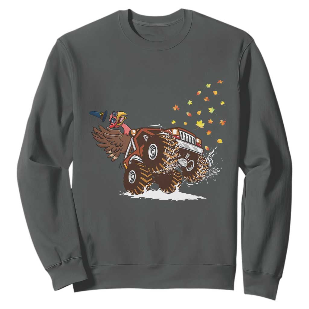 Thanksgiving Turkey Sweatshirt Riding Monster Truck Boys Kids TS10 Dark Heather Print Your Wear