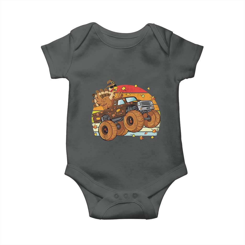 Thanksgiving Turkey Riding Monster Truck Baby Onesie Retro Fall Boy Tee Kids Autumn TS10 Dark Heather Print Your Wear