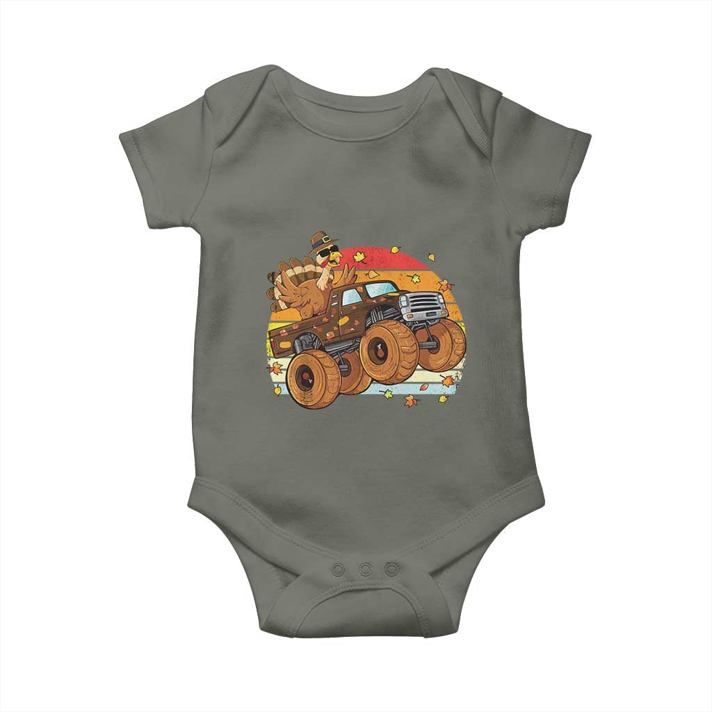 Thanksgiving Turkey Riding Monster Truck Baby Onesie Retro Fall Boy Tee Kids Autumn TS10 Military Green Print Your Wear