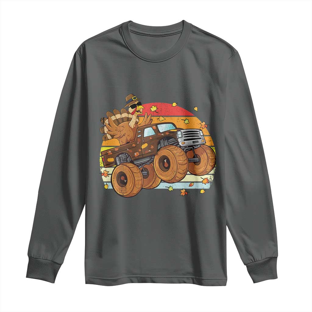 Thanksgiving Turkey Riding Monster Truck Long Sleeve Shirt Retro Fall Boy Tee Kids Autumn TS10 Dark Heather Print Your Wear