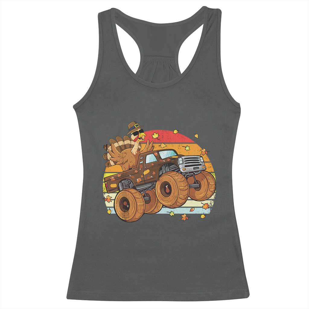 Thanksgiving Turkey Riding Monster Truck Racerback Tank Top Retro Fall Boy Tee Kids Autumn TS10 Dark Heather Print Your Wear