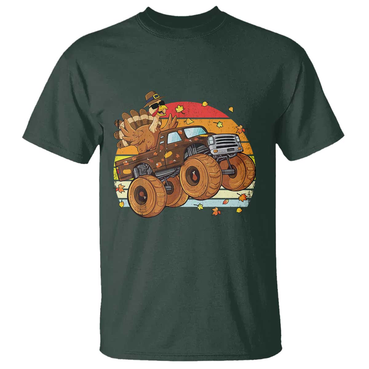 Thanksgiving Turkey Riding Monster Truck T Shirt Retro Fall Boy Tee Kids Autumn TS10 Dark Forest Green Print Your Wear