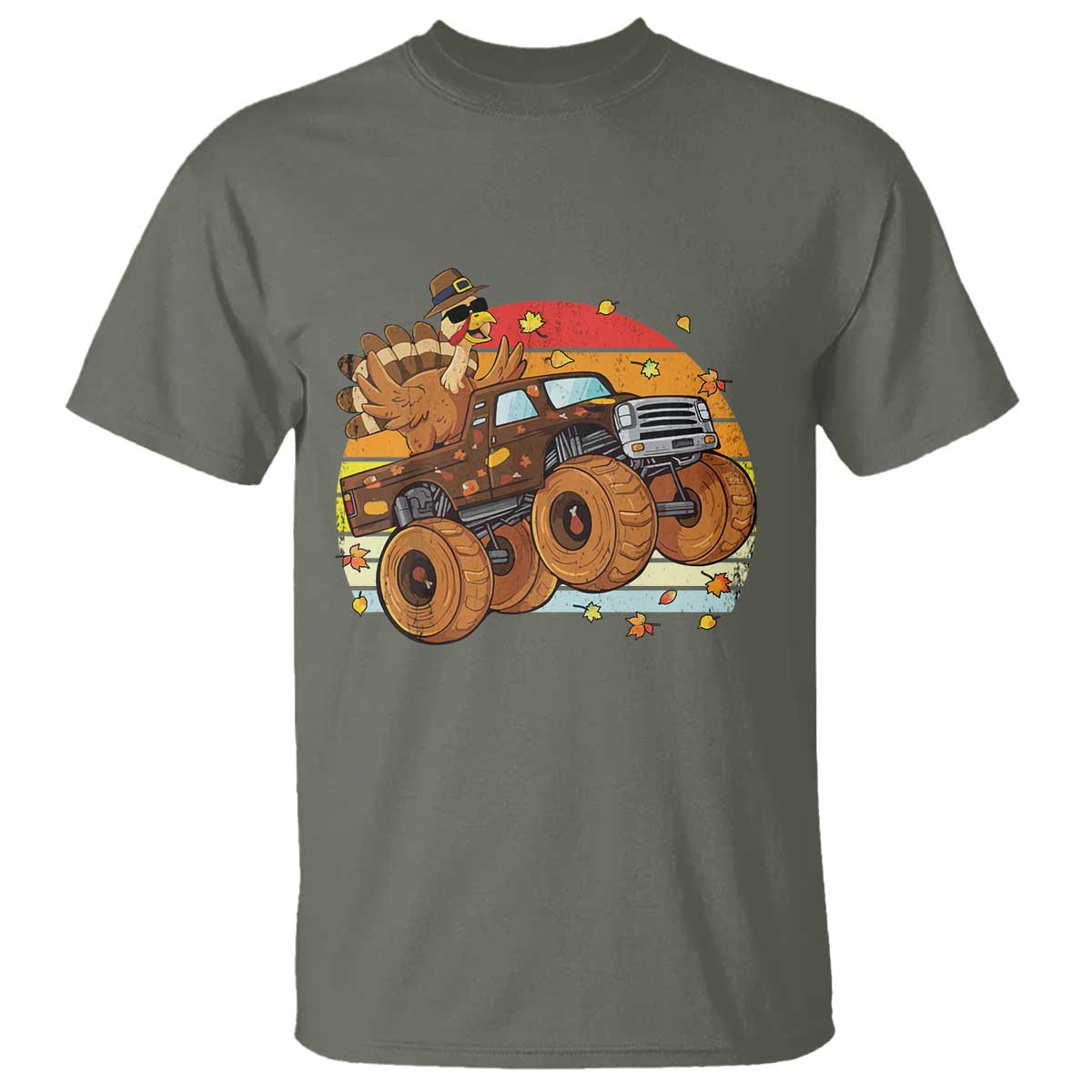 Thanksgiving Turkey Riding Monster Truck T Shirt Retro Fall Boy Tee Kids Autumn TS10 Military Green Print Your Wear