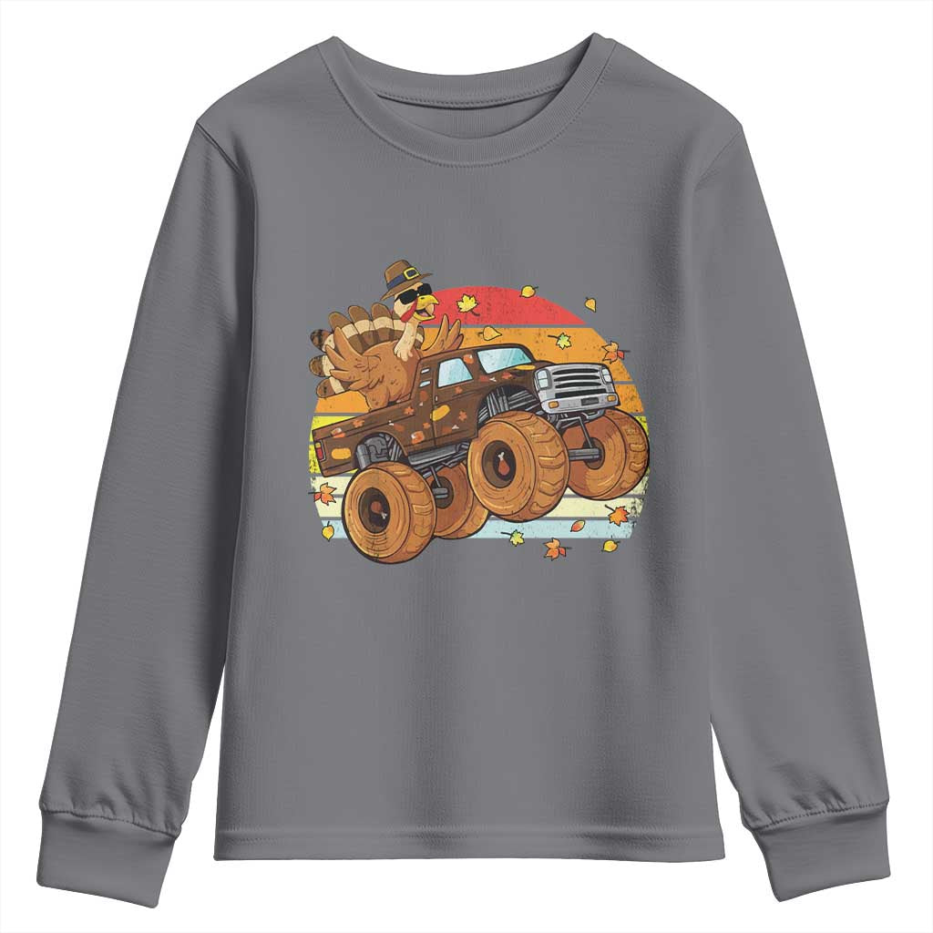 Thanksgiving Turkey Riding Monster Truck Youth Sweatshirt Retro Fall Boy Tee Kids Autumn TS10 Charcoal Print Your Wear
