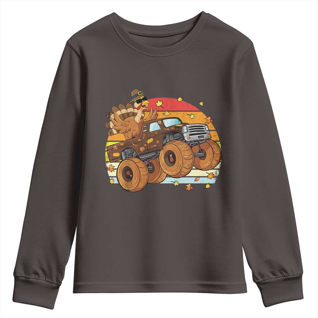 Thanksgiving Turkey Riding Monster Truck Youth Sweatshirt Retro Fall Boy Tee Kids Autumn TS10 Dark Chocolate Print Your Wear