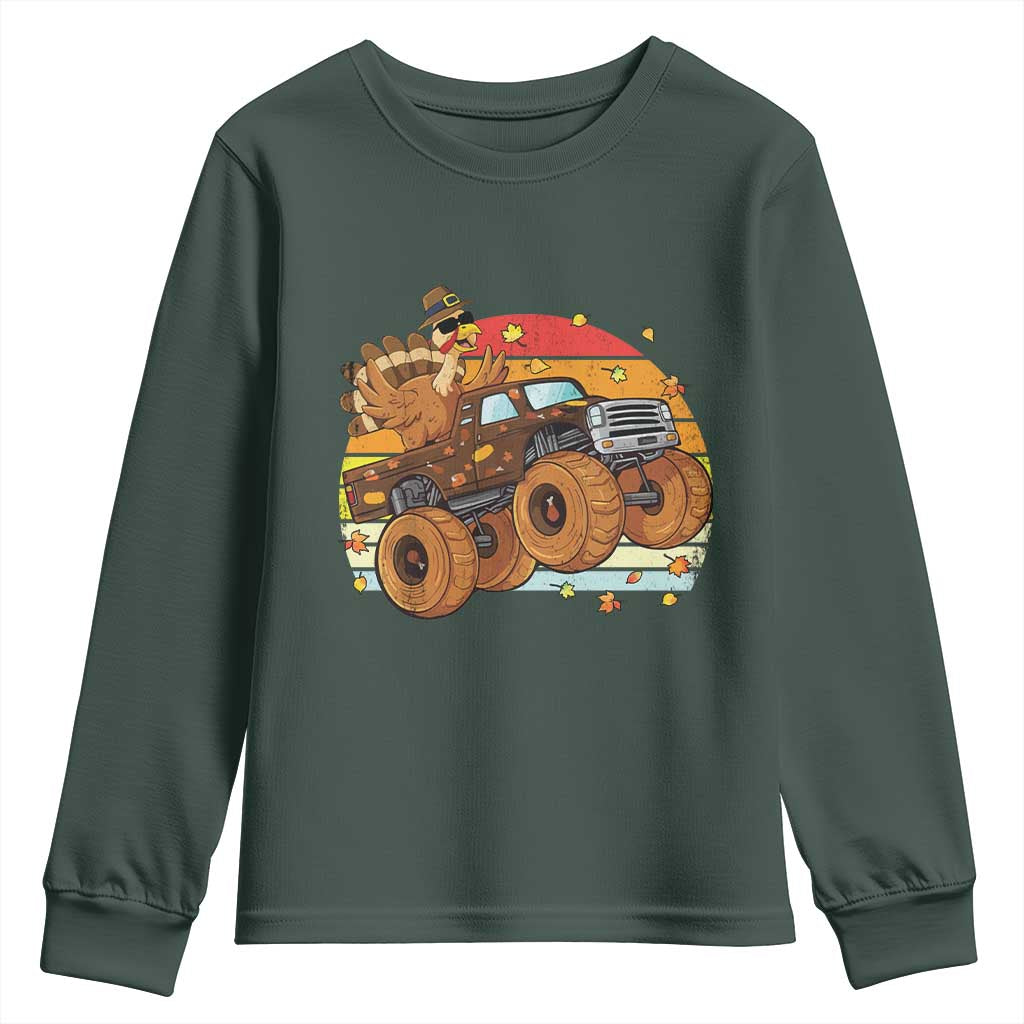 Thanksgiving Turkey Riding Monster Truck Youth Sweatshirt Retro Fall Boy Tee Kids Autumn TS10 Dark Forest Green Print Your Wear