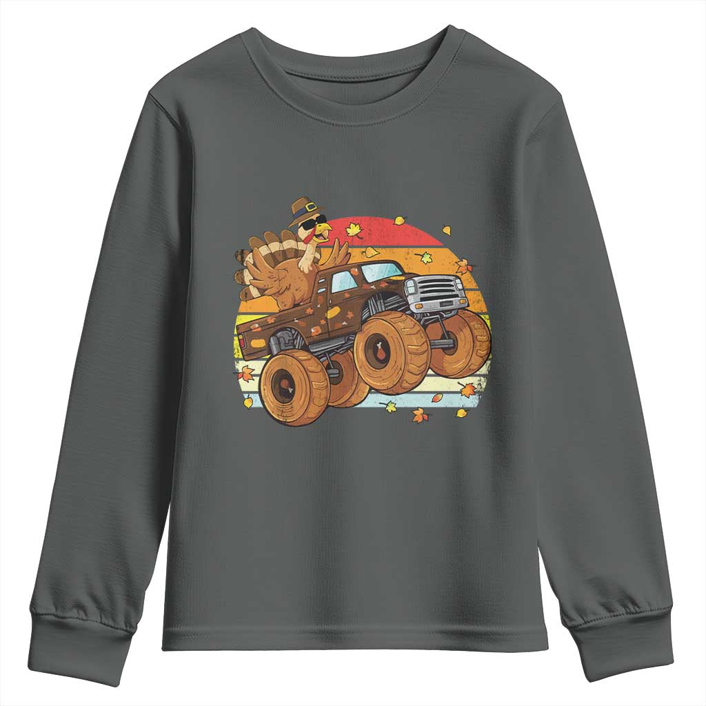 Thanksgiving Turkey Riding Monster Truck Youth Sweatshirt Retro Fall Boy Tee Kids Autumn TS10 Dark Heather Print Your Wear