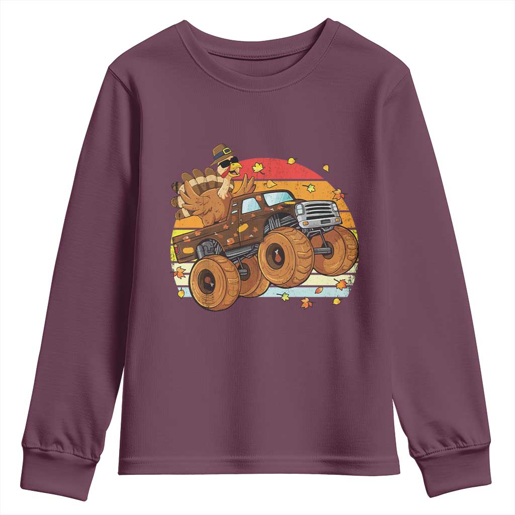 Thanksgiving Turkey Riding Monster Truck Youth Sweatshirt Retro Fall Boy Tee Kids Autumn TS10 Maroon Print Your Wear