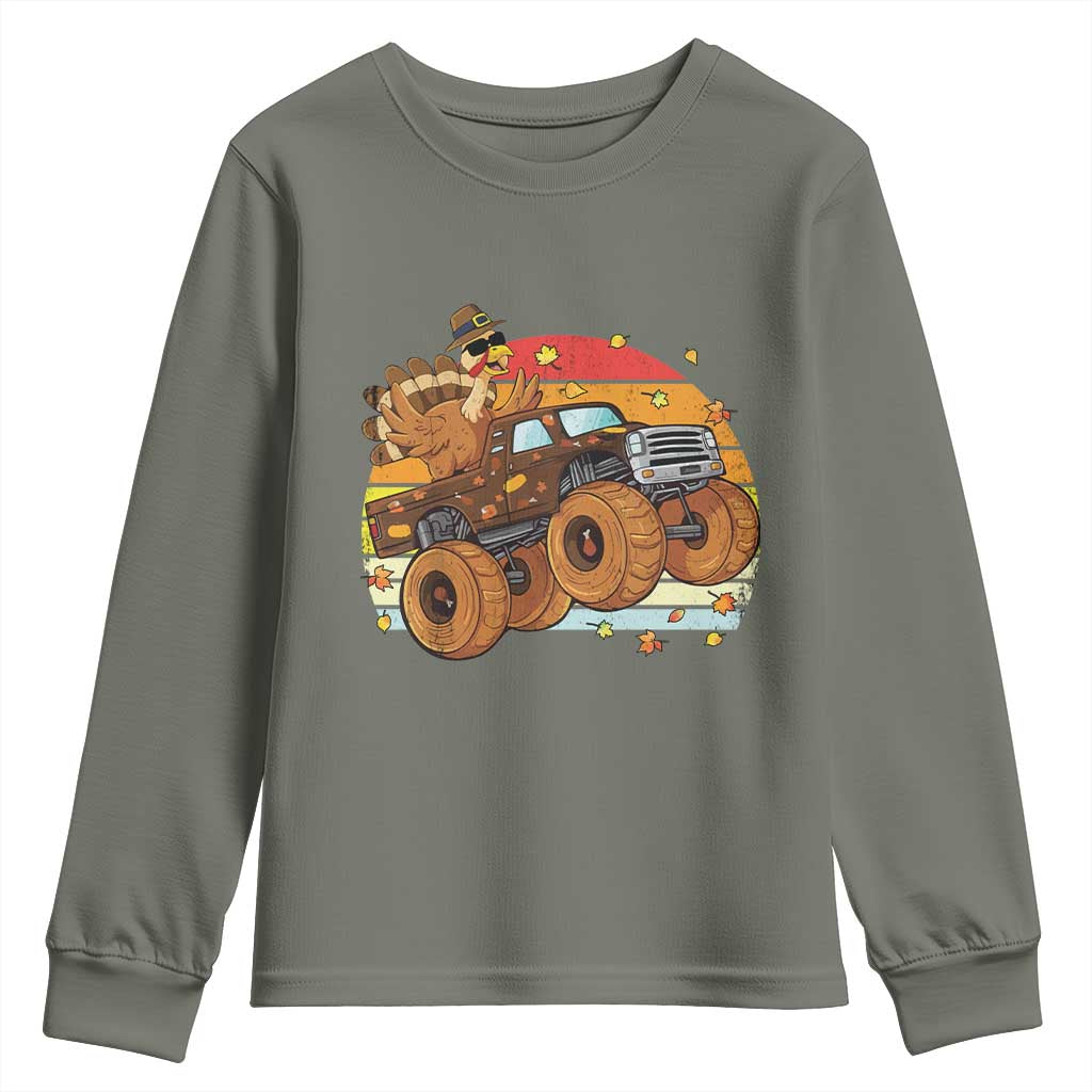 Thanksgiving Turkey Riding Monster Truck Youth Sweatshirt Retro Fall Boy Tee Kids Autumn TS10 Military Green Print Your Wear