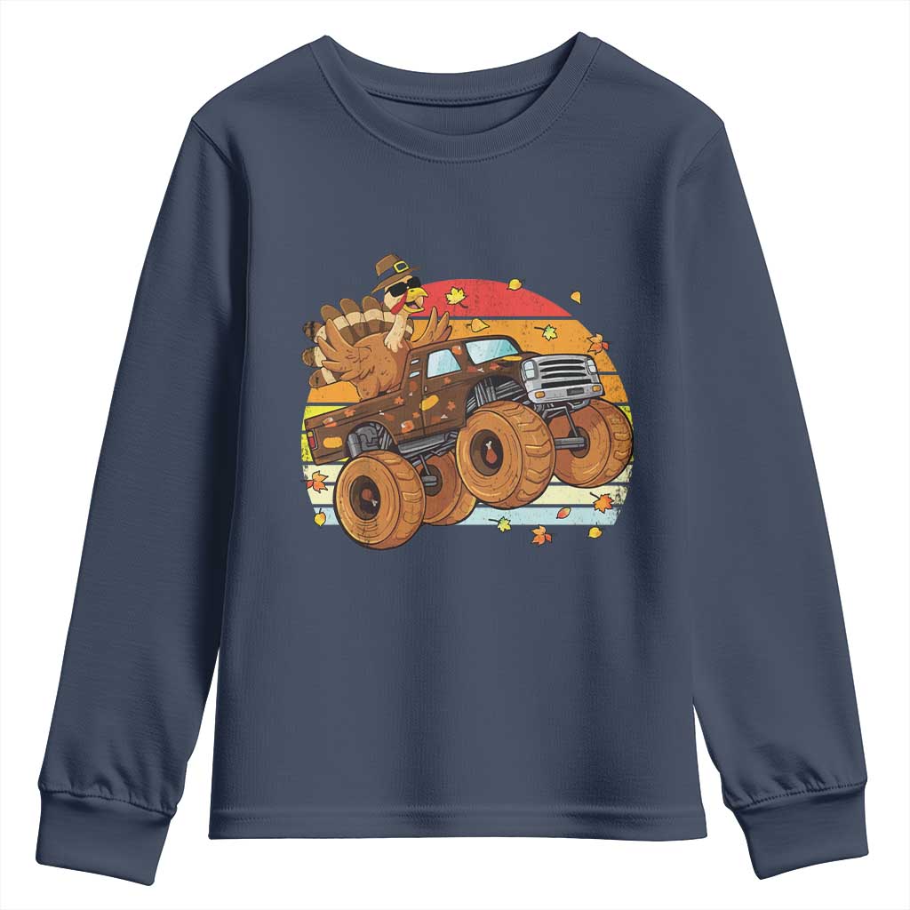 Thanksgiving Turkey Riding Monster Truck Youth Sweatshirt Retro Fall Boy Tee Kids Autumn TS10 Navy Print Your Wear