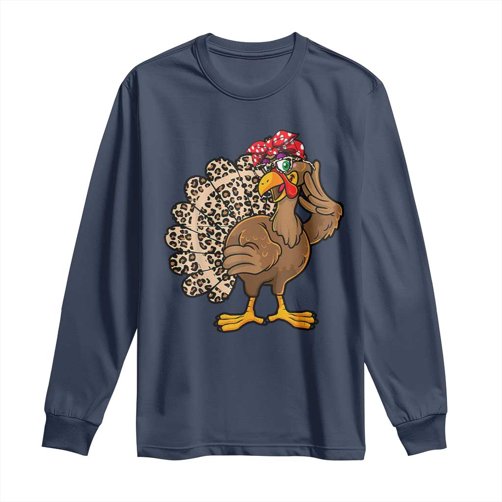 Funny Thanksgiving Long Sleeve Shirt Turkey Women Girl Leopard Print Autumn Fall TS10 Navy Print Your Wear