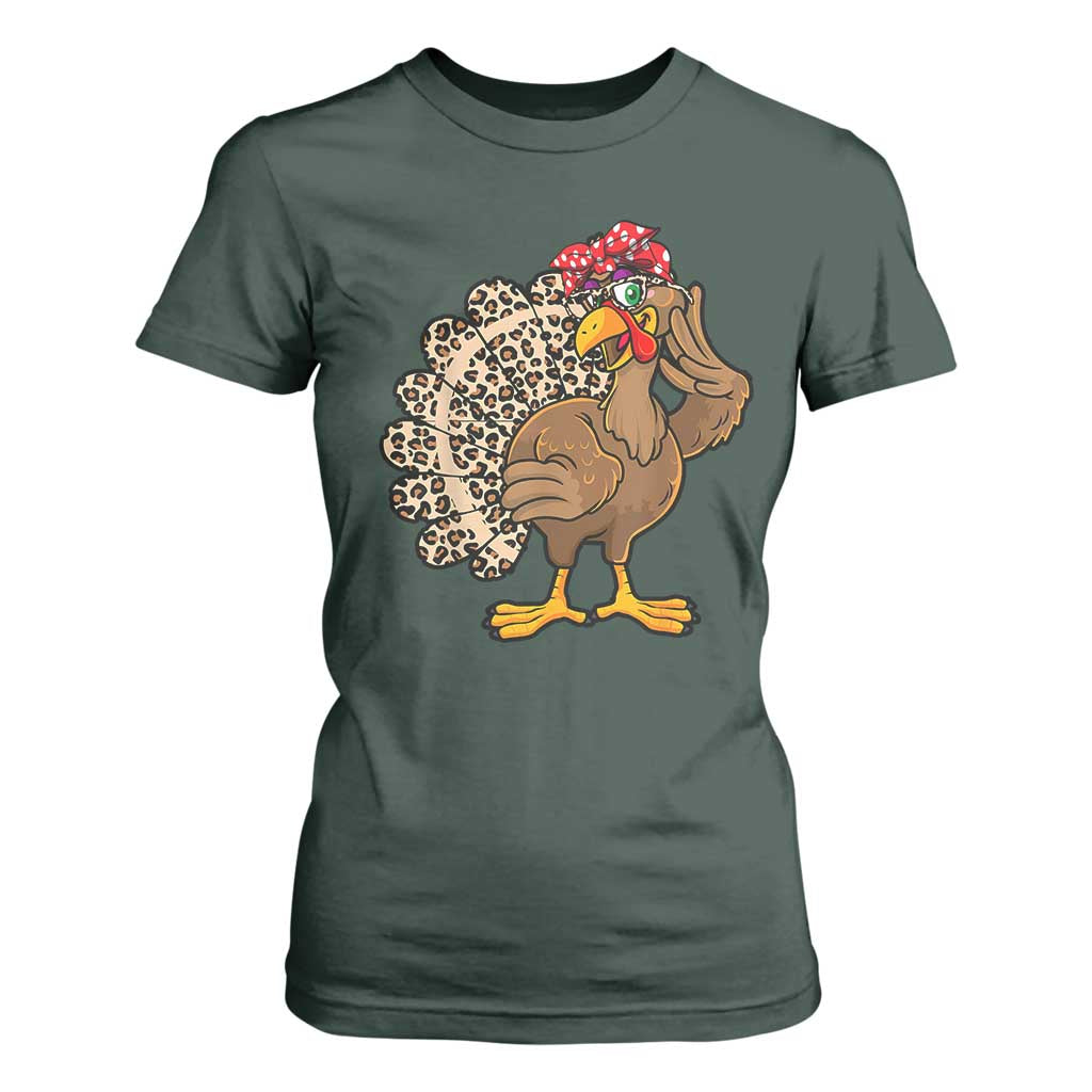 Funny Thanksgiving T Shirt For Women Turkey Women Girl Leopard Print Autumn Fall TS10 Dark Forest Green Print Your Wear