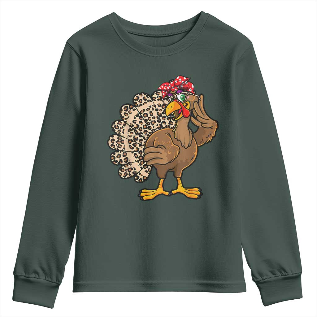 Funny Thanksgiving Youth Sweatshirt Turkey Women Girl Leopard Print Autumn Fall TS10 Dark Forest Green Print Your Wear