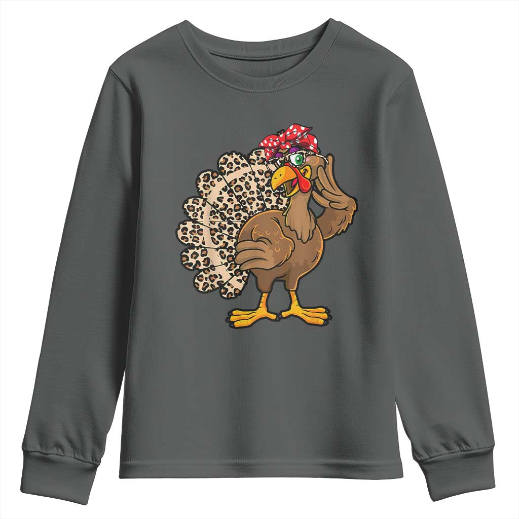 Funny Thanksgiving Youth Sweatshirt Turkey Women Girl Leopard Print Autumn Fall TS10 Dark Heather Print Your Wear