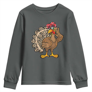 Funny Thanksgiving Youth Sweatshirt Turkey Women Girl Leopard Print Autumn Fall TS10 Dark Heather Print Your Wear