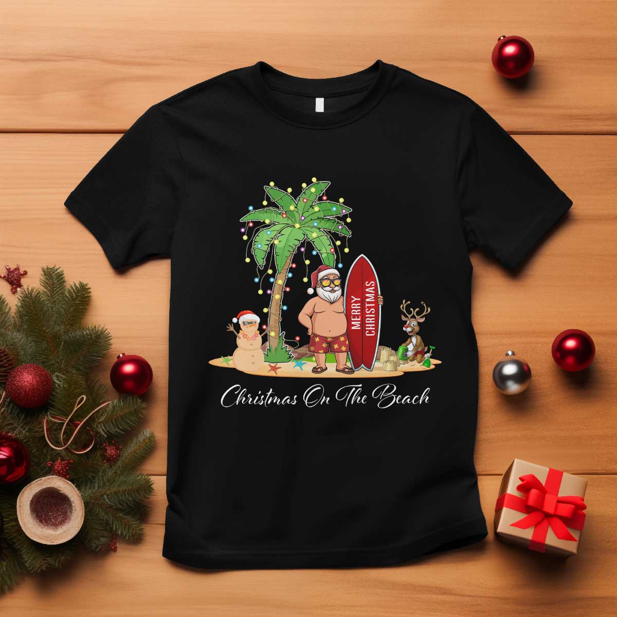 Hawaii Christmas T Shirt Christmas On The Beach Holiday Xmas Palm Tree TS10 Black Print Your Wear