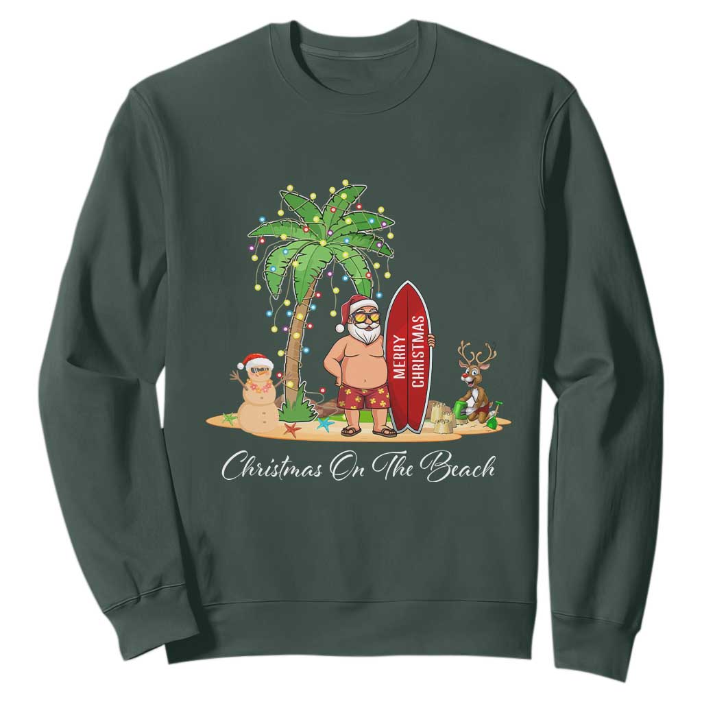 Hawaii Christmas Sweatshirt Christmas On The Beach Holiday Xmas Palm Tree TS10 Dark Forest Green Print Your Wear