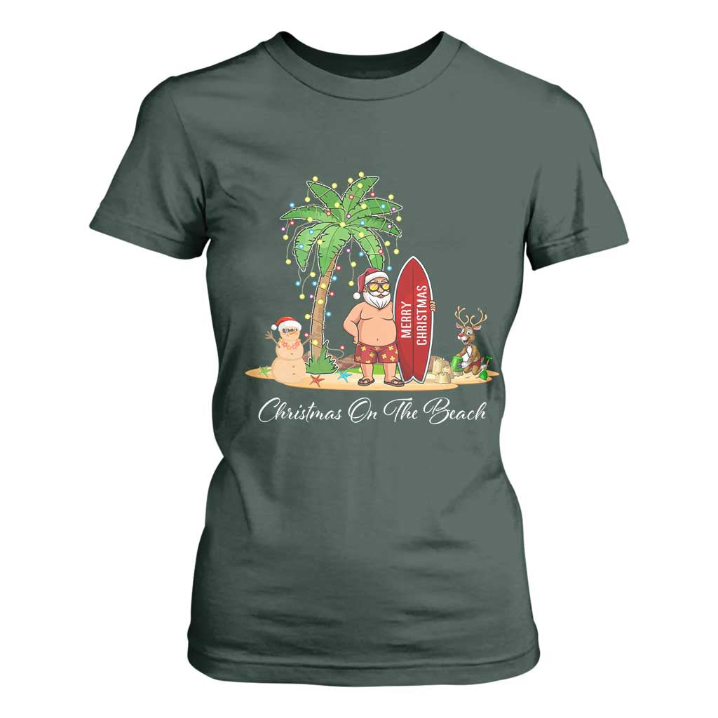 Hawaii Christmas T Shirt For Women Christmas On The Beach Holiday Xmas Palm Tree TS10 Dark Forest Green Print Your Wear