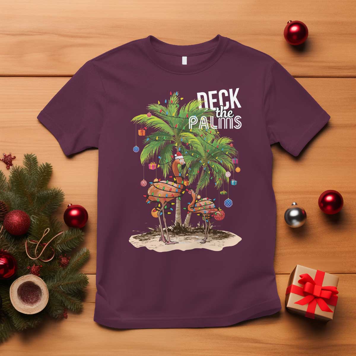 Mele Kalikimaka Hawaiian Christmas T Shirt Deck The Palms Holiday Flamingo Beach Family Vacation In Hawaii TS10 Maroon Print Your Wear
