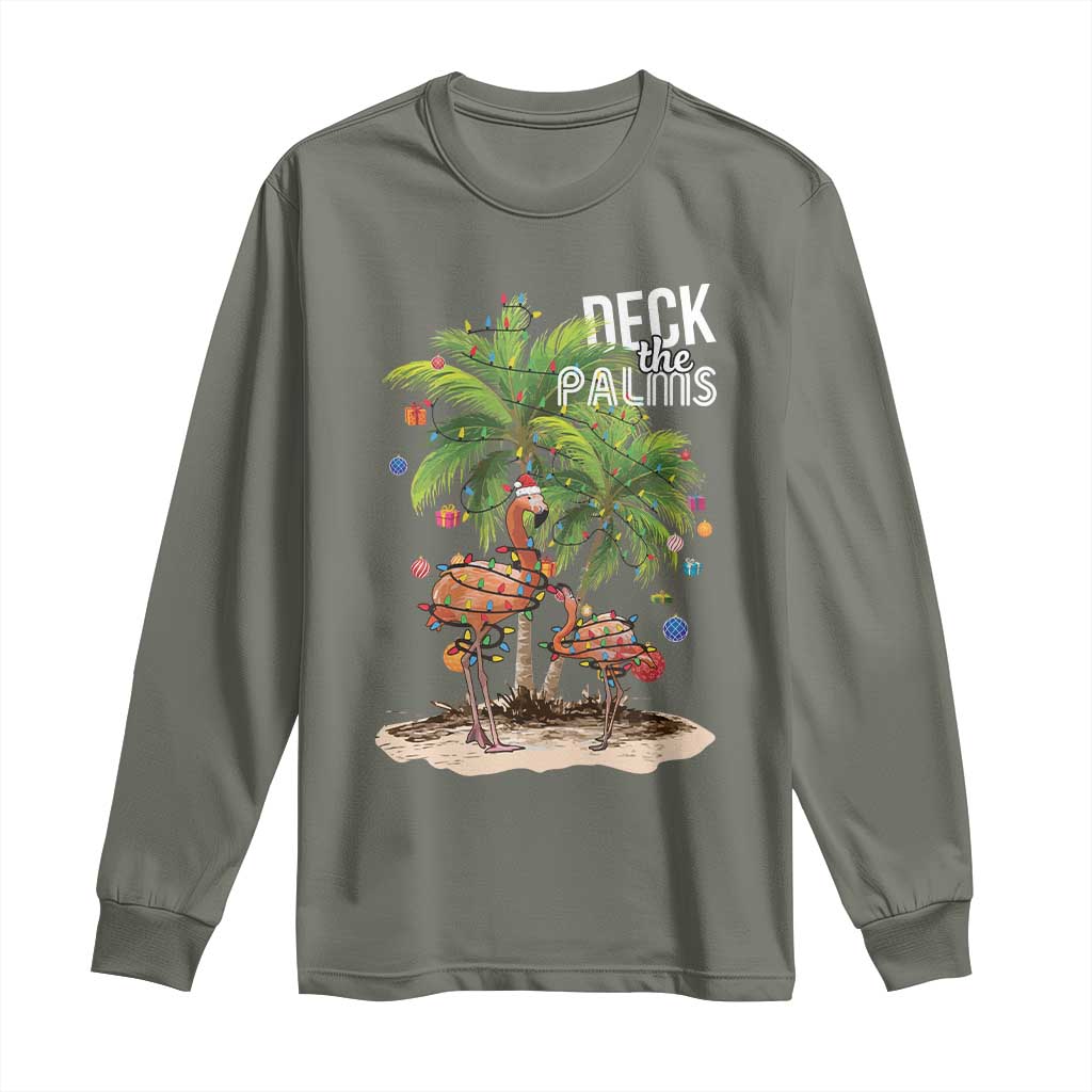 Mele Kalikimaka Hawaiian Christmas Long Sleeve Shirt Deck The Palms Holiday Flamingo Beach Family Vacation In Hawaii TS10 Military Green Print Your Wear