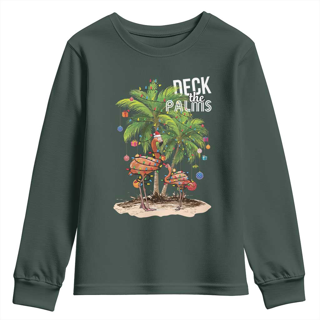 Mele Kalikimaka Hawaiian Christmas Youth Sweatshirt Deck The Palms Holiday Flamingo Beach Family Vacation In Hawaii TS10 Dark Forest Green Print Your Wear