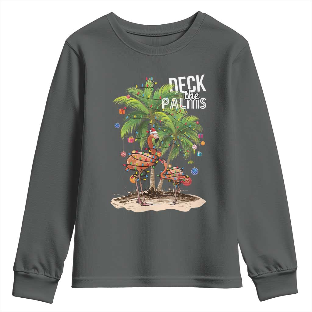 Mele Kalikimaka Hawaiian Christmas Youth Sweatshirt Deck The Palms Holiday Flamingo Beach Family Vacation In Hawaii TS10 Dark Heather Print Your Wear