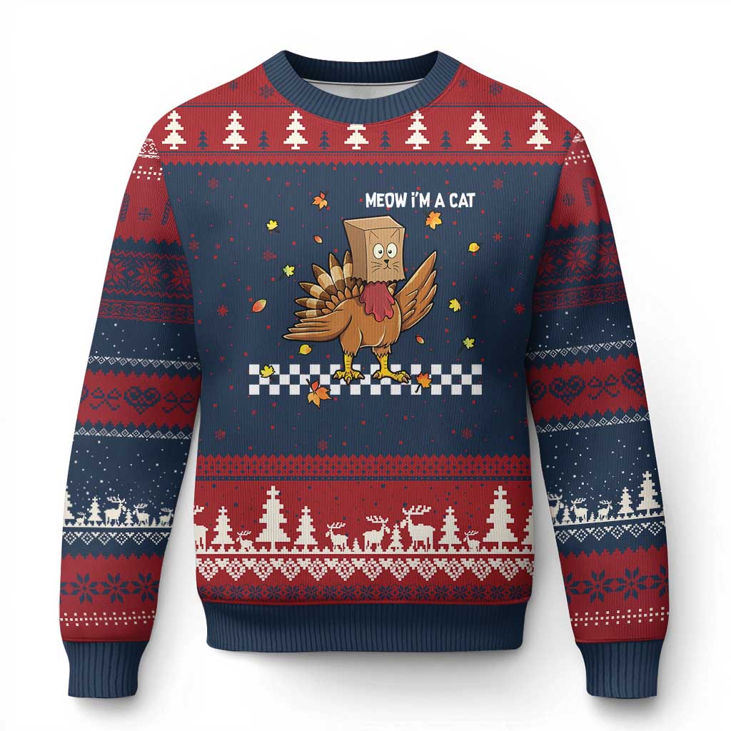 Turkey Cat Ugly Christmas Sweater Funny Thanksgiving Meow TS10 Navy Red Print Your Wear