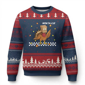 Turkey Cat Ugly Christmas Sweater Funny Thanksgiving Meow TS10 Navy Red Print Your Wear