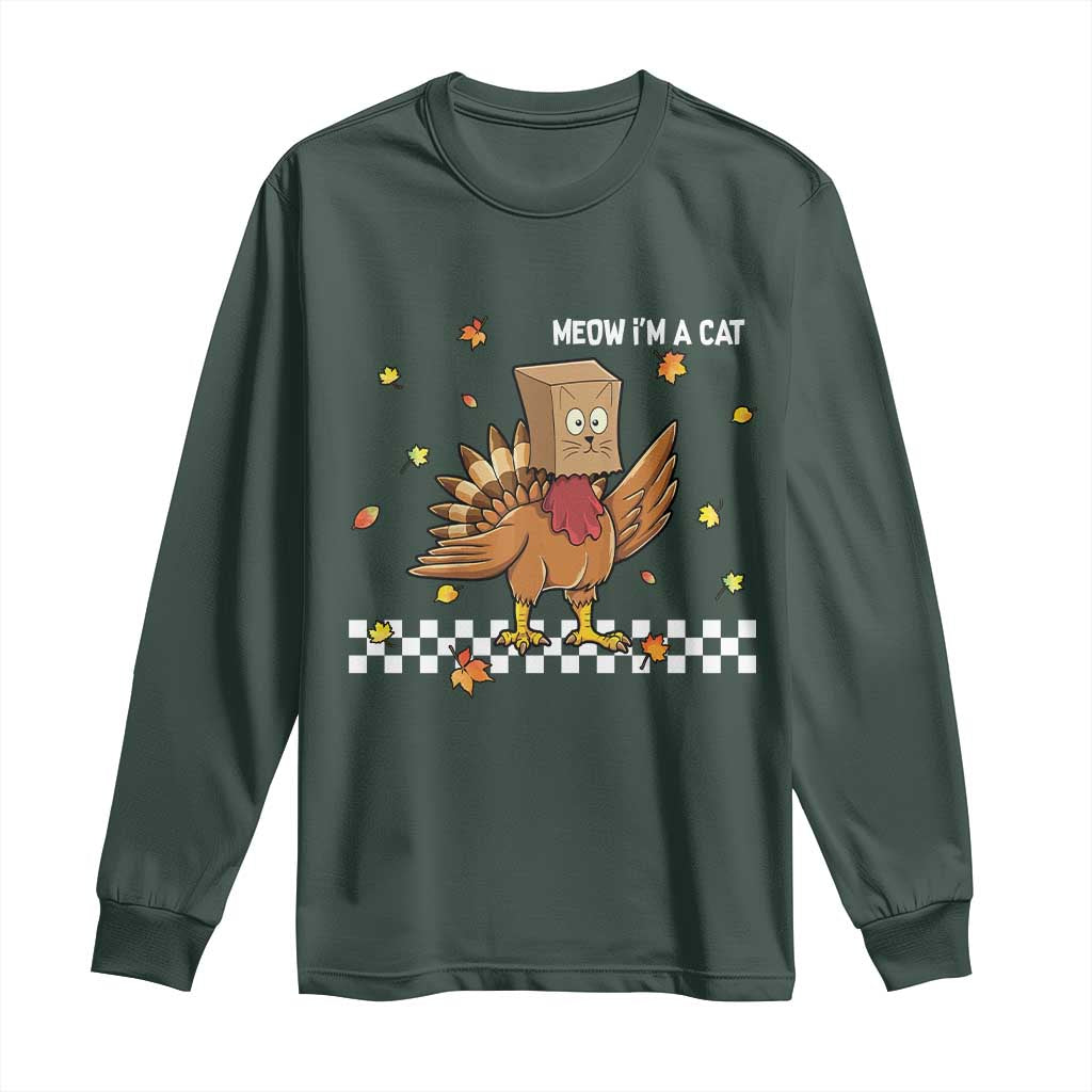 Turkey Cat Long Sleeve Shirt Funny Thanksgiving Meow TS10 Dark Forest Green Print Your Wear