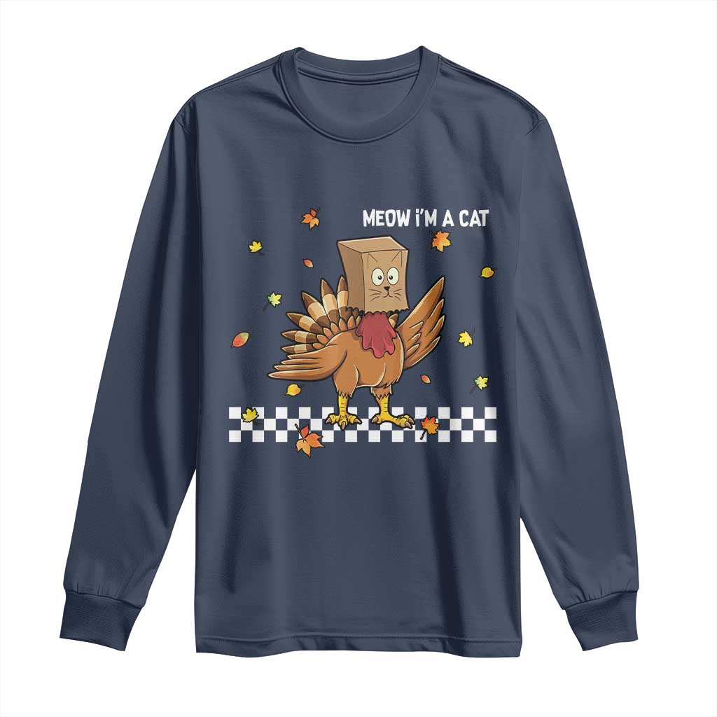Turkey Cat Long Sleeve Shirt Funny Thanksgiving Meow TS10 Navy Print Your Wear