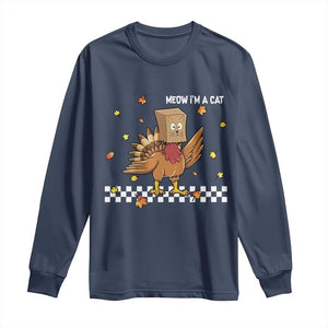 Turkey Cat Long Sleeve Shirt Funny Thanksgiving Meow TS10 Navy Print Your Wear