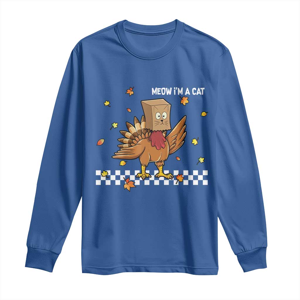 Turkey Cat Long Sleeve Shirt Funny Thanksgiving Meow TS10 Royal Blue Print Your Wear