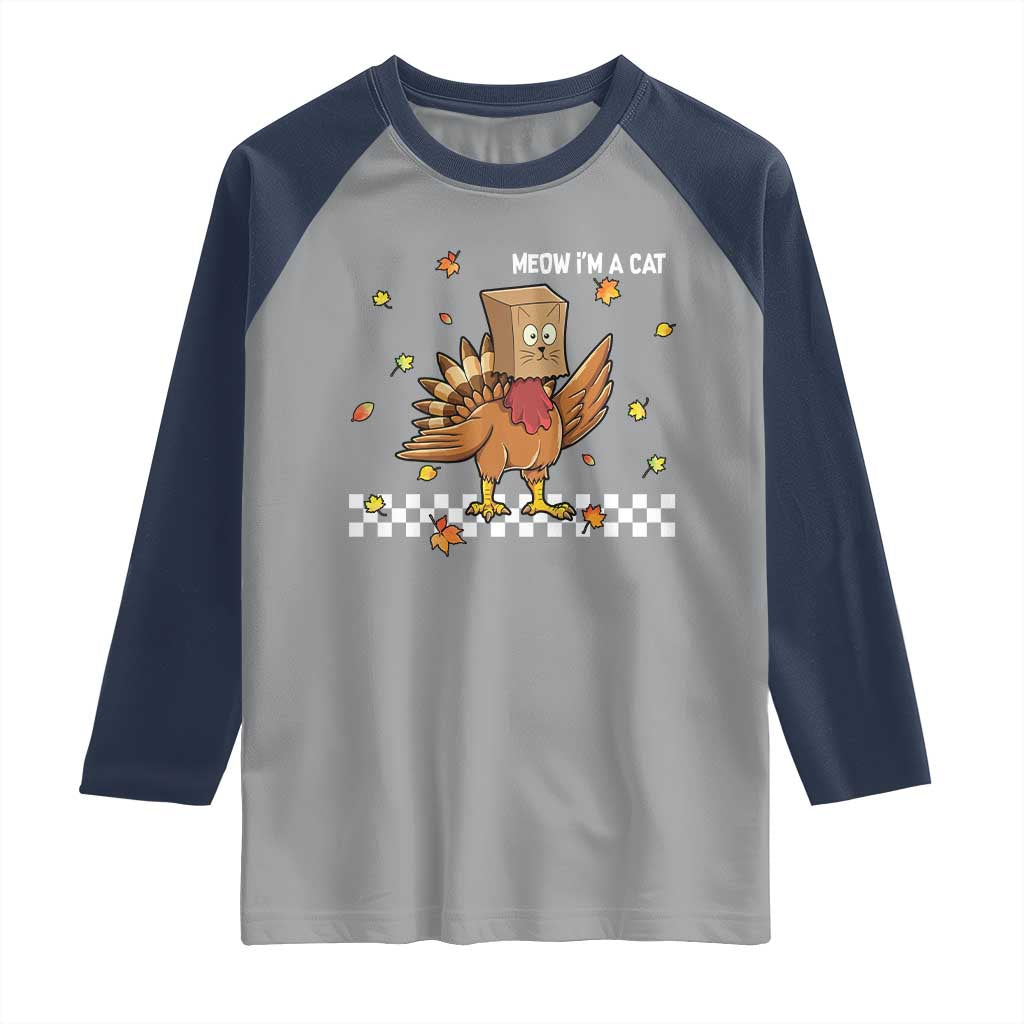 Turkey Cat Raglan Shirt Funny Thanksgiving Meow TS10 Sport Gray Navy Print Your Wear