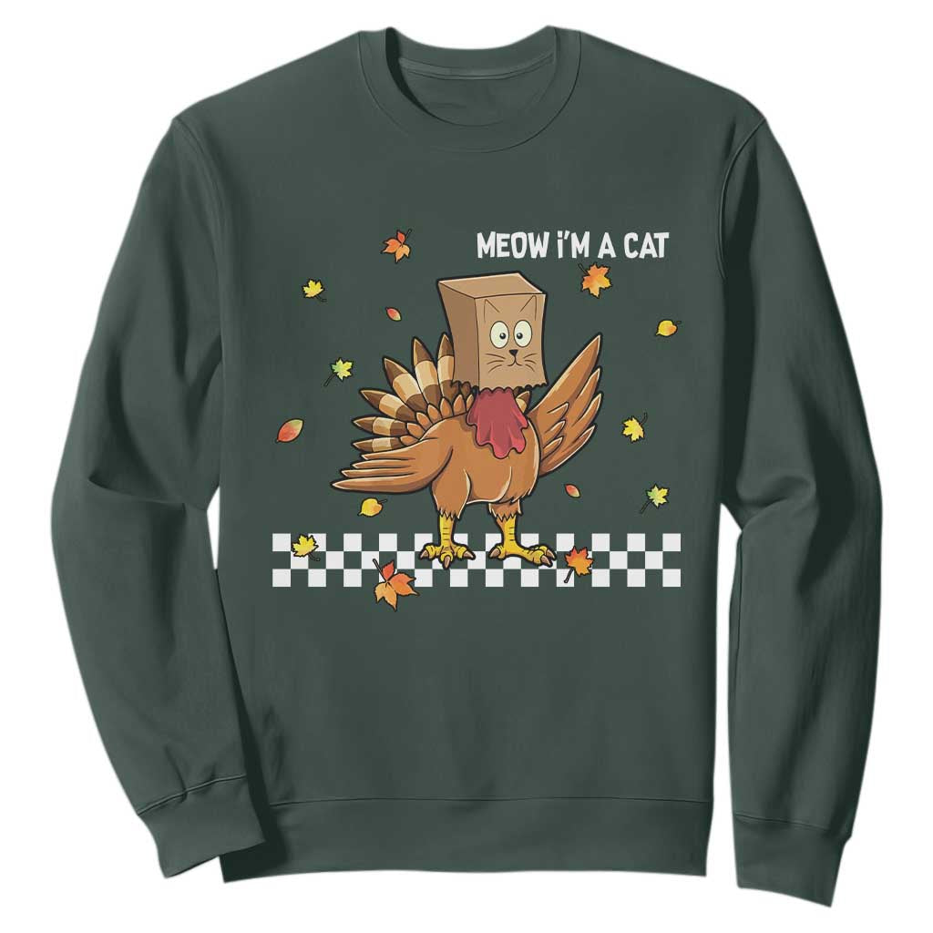 Turkey Cat Sweatshirt Funny Thanksgiving Meow TS10 Dark Forest Green Print Your Wear