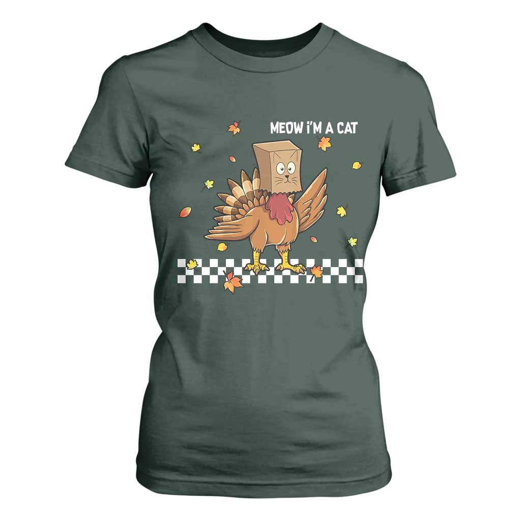 Turkey Cat T Shirt For Women Funny Thanksgiving Meow TS10 Dark Forest Green Print Your Wear