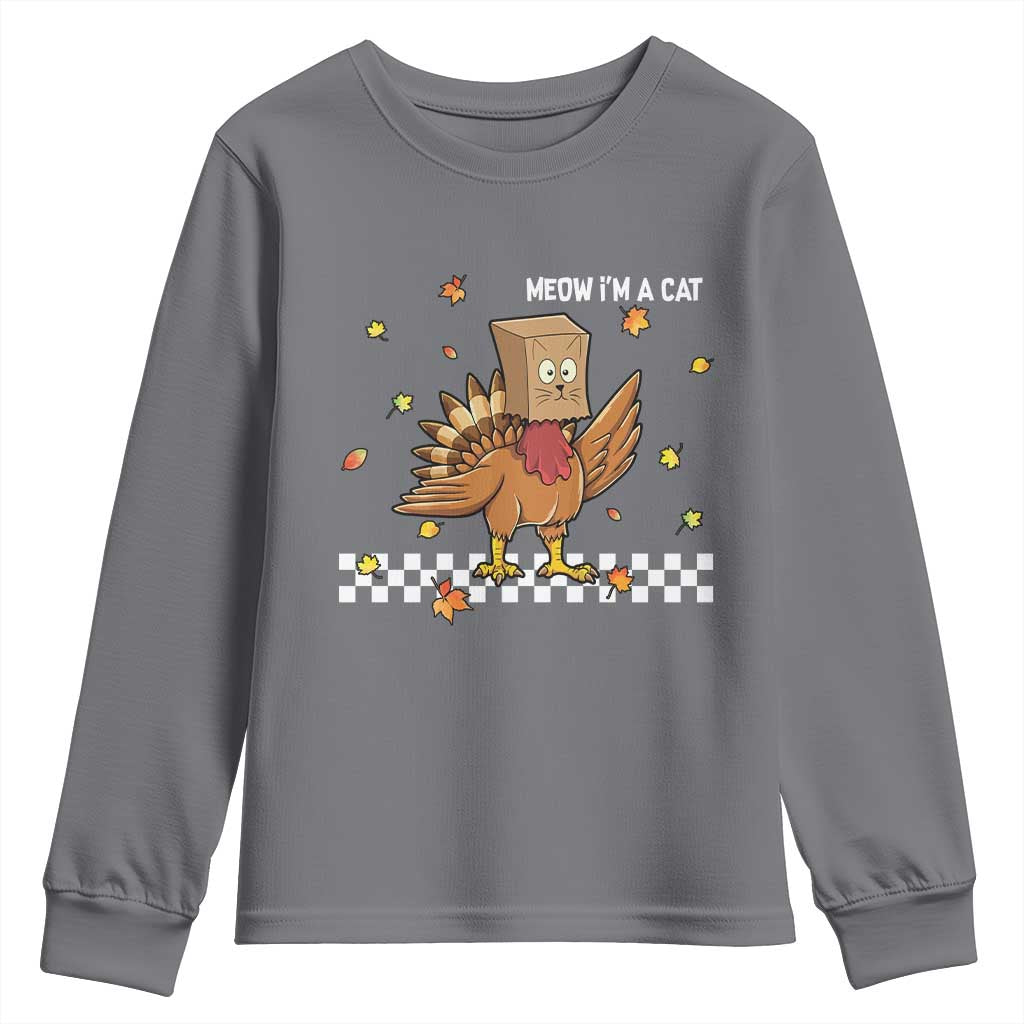 Turkey Cat Youth Sweatshirt Funny Thanksgiving Meow TS10 Charcoal Print Your Wear