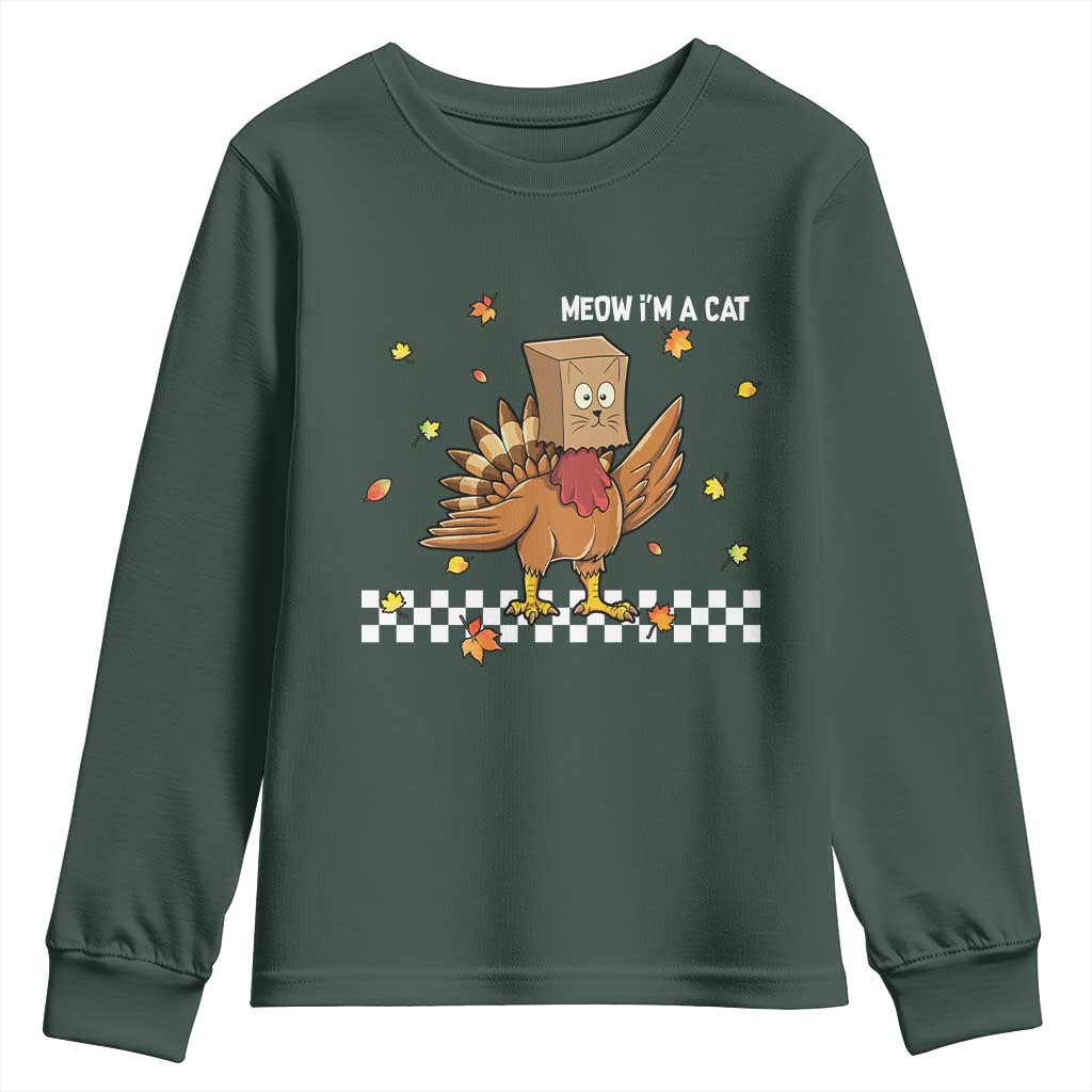 Turkey Cat Youth Sweatshirt Funny Thanksgiving Meow TS10 Dark Forest Green Print Your Wear
