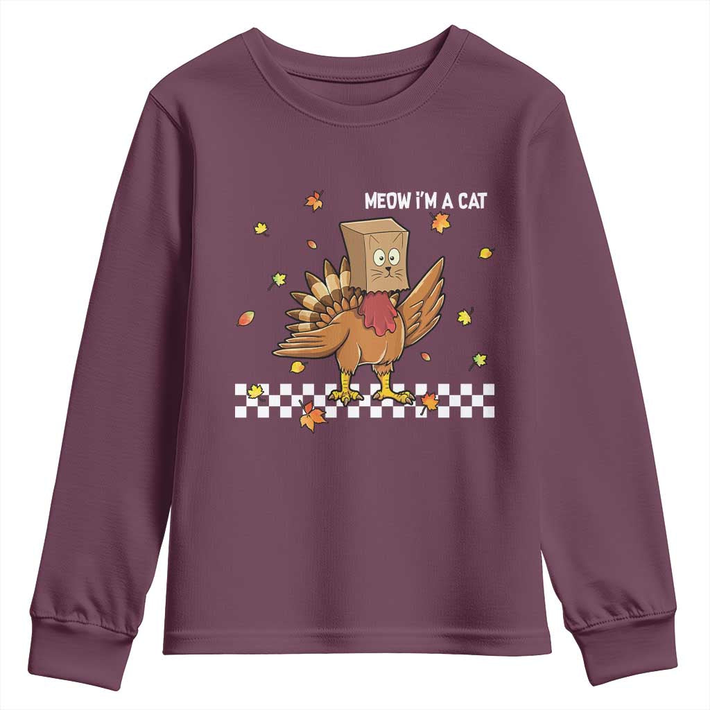 Turkey Cat Youth Sweatshirt Funny Thanksgiving Meow TS10 Maroon Print Your Wear