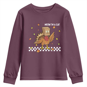 Turkey Cat Youth Sweatshirt Funny Thanksgiving Meow TS10 Maroon Print Your Wear