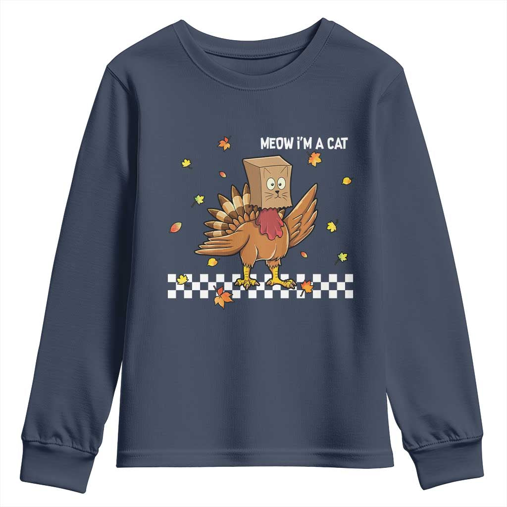 Turkey Cat Youth Sweatshirt Funny Thanksgiving Meow TS10 Navy Print Your Wear